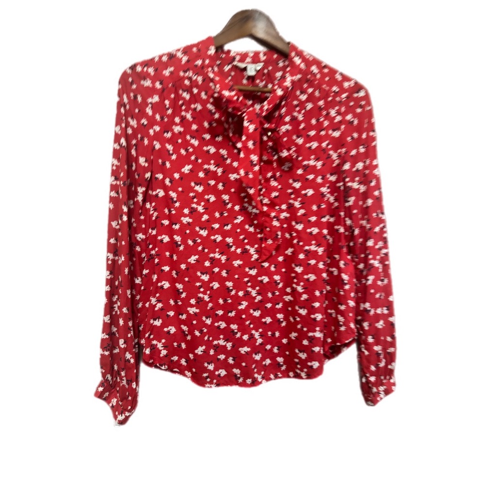 Lucky Brand Tie Neck Blouse Womens Small Red Floral Print‎ Long Sleeve Excellent